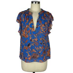 ALC‎ June Silk Top Blouse Flutter Sleeve Orange Blue V-Neck Size 4 Glam Career